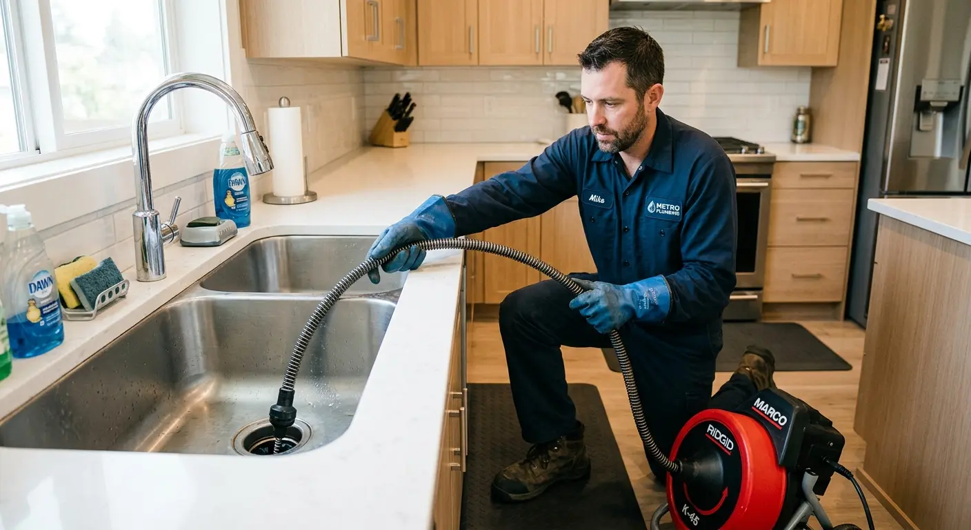 Drain cleaning technician using a motorized snake on a kitchen sink in Lamesa