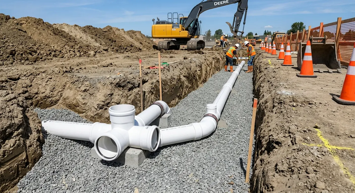 New PVC sewer pipe installation in open trench for Grease Trap Cleaning in Lamesa