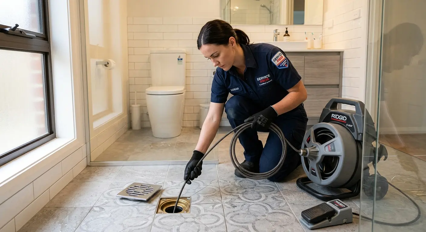 Technician clearing a bathroom floor drain for Sewer Line Installation in Lamesa